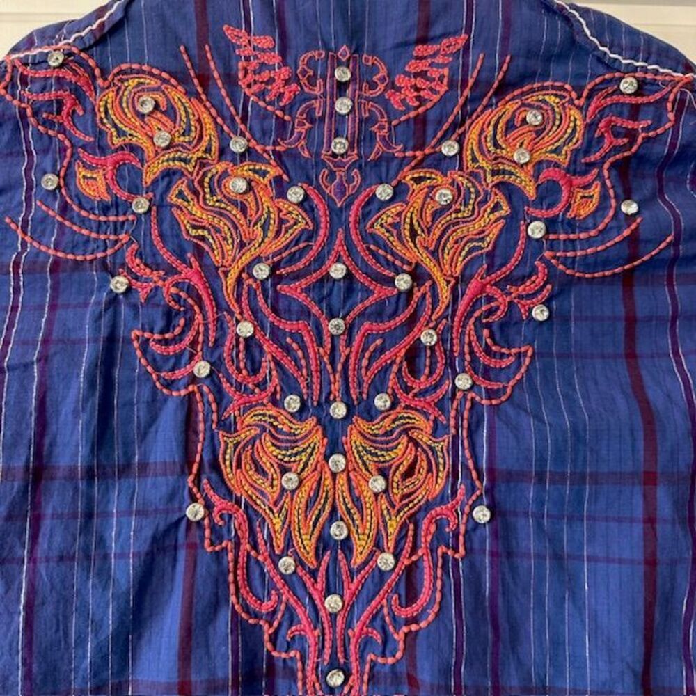 Roar Embroidered Western Plaid Shirt Orange Rhinestone Embellished Button Up Med - Picture 9 of 15